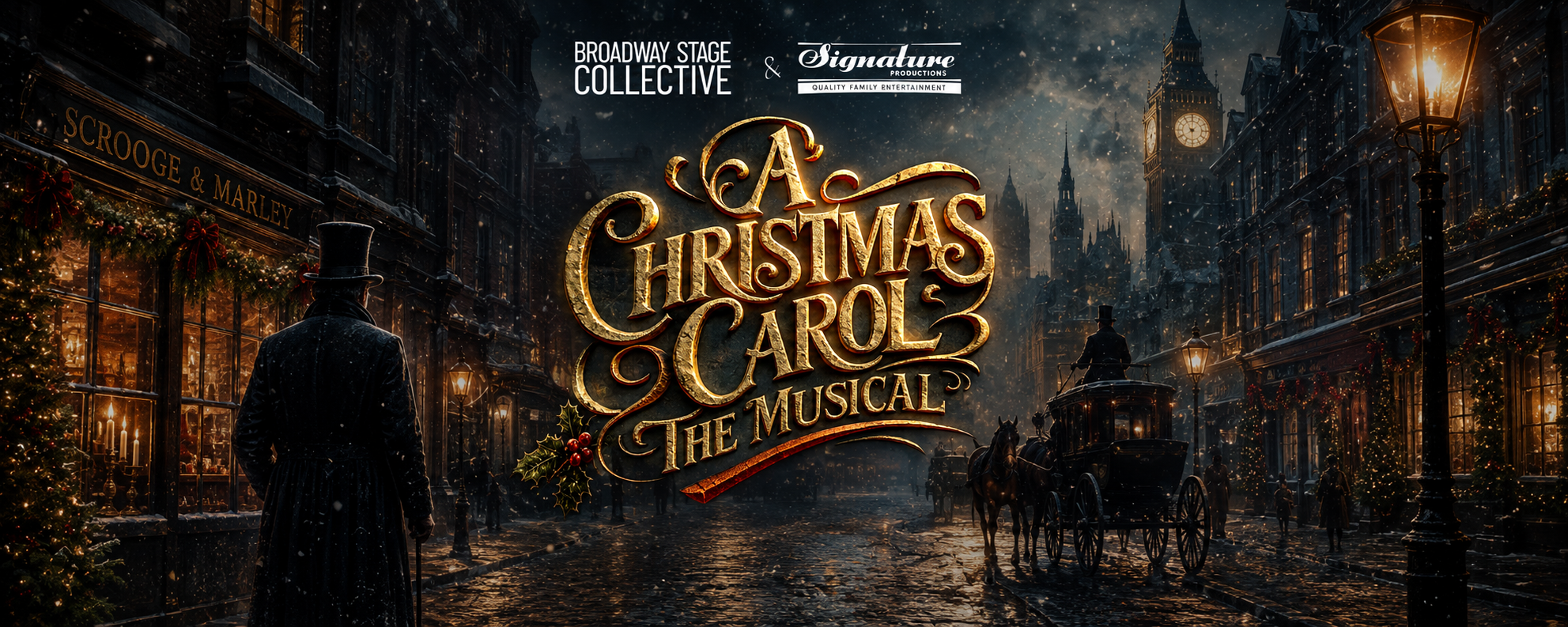 A Christmas Carol — The Musical — a snowy Victorian London street